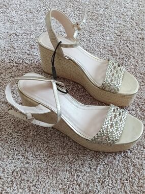 Zara‎ Metallic Braided Espadrille Wedge Sandals - Gold
